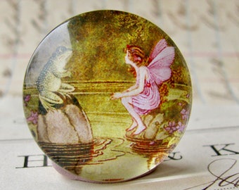 Fairy and Toad, handmade 25mm round glass cabochon