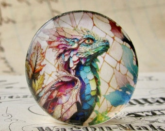 Baby dragon stained glass window cabochon, handmade 25mm photo stone, colorful, fantasy, round 1 inch bottle cap size