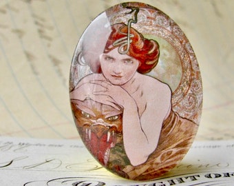 From 1900, Alfons Mucha's "Precious Gemstones" series, "Emerald" handmade 40x30mm glass oval cabochon, Art Nouveau collection