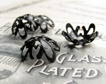 14mm Art Nouveau bead cap, domed scalloped, delicate, lacy (4 black brass bead caps) oxidized patina, bendable