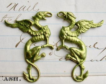 Absinthe finish, Griffin pair, 35mm green patina brass pendant, left right (2 dragon drops) Gothic symbol, green dragon