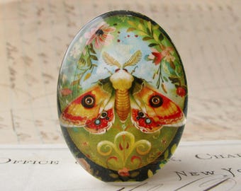 May include: A round glass cabochon with a colorful image of a moth with orange, yellow, and red wings. The moth is surrounded by green leaves and flowers.