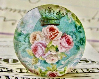 Pink Victorian roses on aqua blue handmade glass cabochon, 25mm, Fabulous Florals, round 1 inch bottle cap size