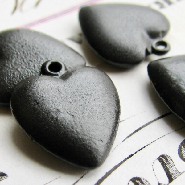 Solid brass heart charm, black brass (2 charms) black heart charm, puffed, puffy 15mm, oxidized patina, Victorian Mourning