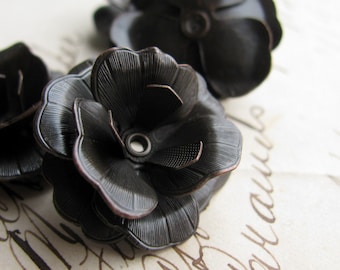 Sculpted black pansy, large three dimensional flower bead cap, multi layered, oxidized antiqued brass, dark blooming flower