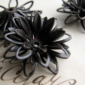 Sculpted black daisy, large three dimensional black flower bead cap, multi layered, antiqued brass, aged oxidized patina