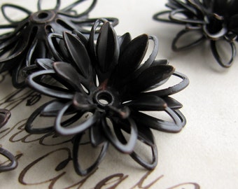 Sculpted black daisy, large three dimensional black flower bead cap, multi layered, antiqued brass, aged oxidized patina