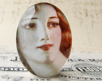 NEW! From 1923, magazine cover drawing, glass oval cabochon, handmade in this shop, 40x30mm, woman face, photo glass