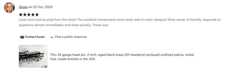 May include: A close-up of 50 black head pins, 2 inches long, made of aged black brass with an antiqued oxidized patina. The head pins are nickel-free and made in the USA.