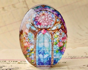 Colorful stained glass window flowers, handmade 40x30mm glass oval cabochon, photo stone, garden, gardening