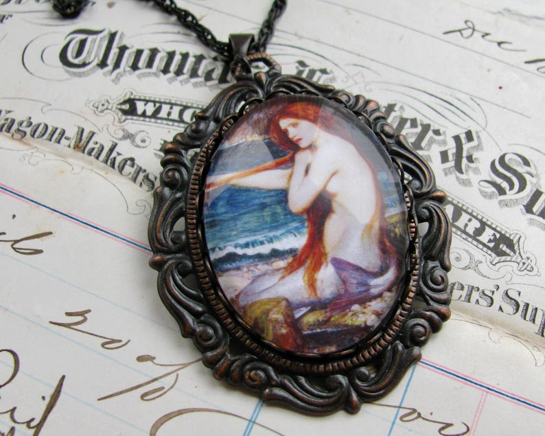 From 1900 John William Waterhouse A Mermaid 40x30mm or 25x18mm glass oval cabochon, artisan crafted in this shop, fine art, Art History image 2