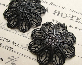 Tiffany style domed flower filigree ornament, 35mm, antiqued black brass (2 round flowers) Art Nouveau pendant backing, oxidized brass