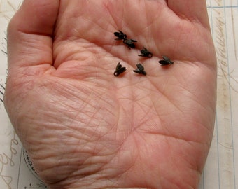 Teensy weensy bell cap, 3mm wide tiny bead cap, delicate flower petals, black antiqued brass (6) pliable prong, top loop, end cap, glue top