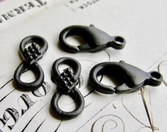 Decorative hook and eye set, 16mm infinity link and 15mm lobster clasp, black patina (2 sets) oxidized parrot clasp, made in the USA