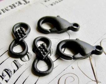 Decorative hook and eye set, 16mm infinity link and 15mm lobster clasp, black patina (2 sets)