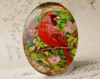 Cardinal, 40x30mm glass oval cabochon, handmade in this shop