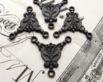 Rosary necklace link, antiqued black brass, 4 links, 18mm Art Nouveau style, 3 point triple connector, pendant drop, oxidized patina