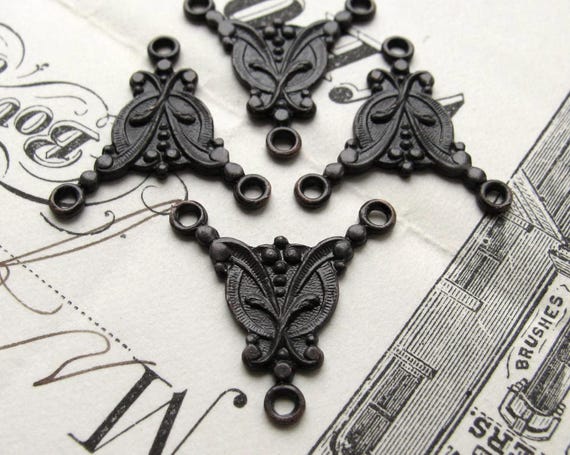 Rosary necklace link, antiqued black brass, 4 links, 18mm Art Nouveau style, 3 point triple connector, pendant drop, oxidized patina
