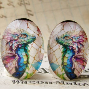Mirrored pair of stained glass baby dragons for earrings, handmade cabochons, 25x18mm ovals, blue green scales, left right, opposites