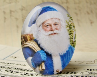 Victorian Father Christmas in a blue coat and hat, 40x30mm glass oval cabochon, exclusive image, handmade in this shop