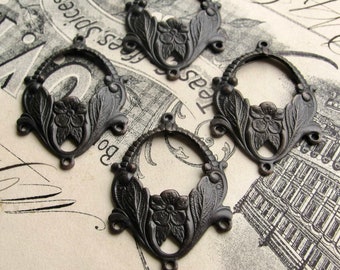 Floral chandelier earring link, black antiqued brass (4 drops) 3 to 1 reducing connectors, aged black patina, flower earring link