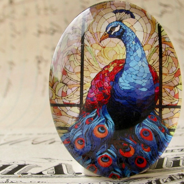 Regal Peacock in stained glass, Beautiful Birds, glass oval cabochon, handmade in this shop, 40x30mm, photo image stone