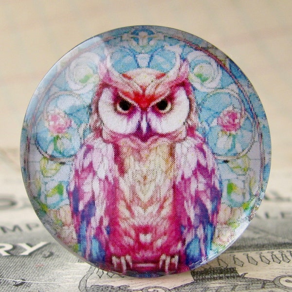 Colorful stained glass window Owl, 25mm round glass cabochon, wisdom bird, handmade in this shop, one inch, bottle cap size