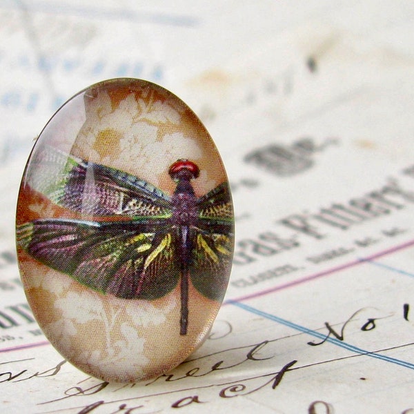 Dark wing dragonfly, 25x18mm or 40x30mm glass oval cabochon, iridescent, handmade in this shop, insect, garden, Winged Wonders