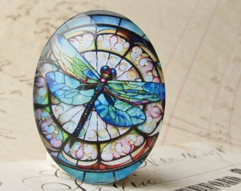 NEW! Blue green dragonfly stained glass window, 40x30mm, handmade glass oval cabochon, flowers, insect, bug, garden, wings, winged insect