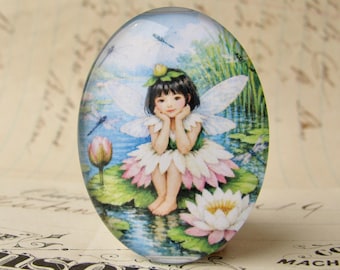 Botanical fairy with water lillies and dragonflies, 40x30mm glass oval cabochon, exclusive to Fallen Angel Brass, handmade in this shop