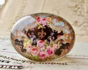 Pink Victorian roses on black handmade glass cabochon, 40x30mm or 25x18mm, sideways oval, horizontal image, floral, flower