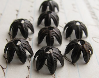 8mm Art Nouveau foliage bead cap, black antiqued brass (6) aged oxidized patina, textured leaf leaves, lead nickel free, made in USA
