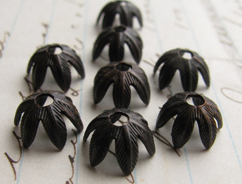 8mm Art Nouveau foliage bead cap, black antiqued brass 6 aged oxidized patina, textured leaf leaves, lead nickel free, made in USA image 1