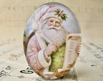 NEW! Pink Victorian Father Christmas, 40x30mm glass oval cabochon, exclusive image, handmade in this shop