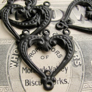 Heart shaped bracelet link or chandelier drop for earrings, black antiqued brass (4 aged earring links) multi strand dangle, oxidized patina