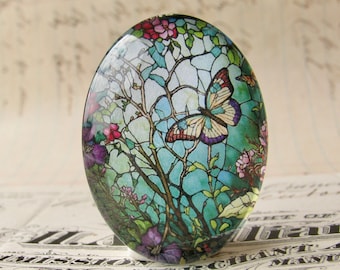 Stained glass butterfly garden handmade glass oval cabochon, 40x30mm, window, rebirth, renewal, flower, vine, winged insect, wings