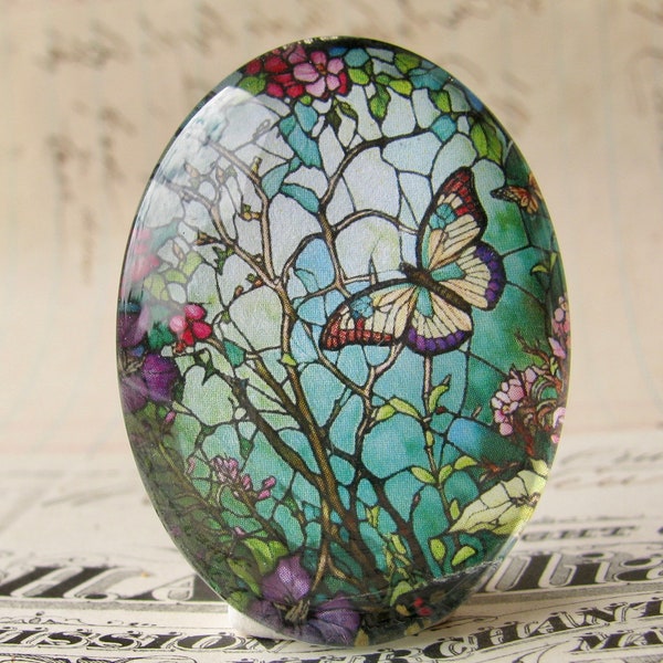 Stained glass butterfly garden handmade glass oval cabochon, 40x30mm, window, rebirth, renewal, flower, vine, winged insect, wings