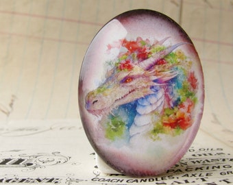 Colorful dragon, handmade 40x30mm glass oval cabochon, photo stone, magical creatures, floral dragon, flowers, fantasy