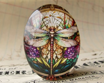 Dark dragonfly stained glass window, 40x30mm, handmade glass oval cabochon, flowers, insect, bug, garden, winged, wings