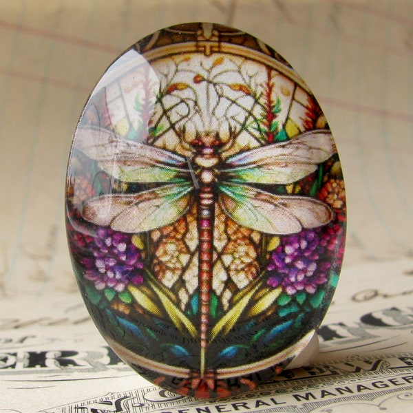 Dark dragonfly stained glass window, 40x30mm, handmade glass oval cabochon, flowers, insect, bug, garden, winged, wings
