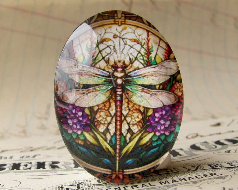 Dark dragonfly stained glass window, 40x30mm, handmade glass oval cabochon, flowers, insect, bug, garden, winged, wings image 1