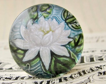 White water lily flower, Art Nouveau ceramic tile image under glass dome, 25mm round cabochon, handmade, bottle cap size, inch circle