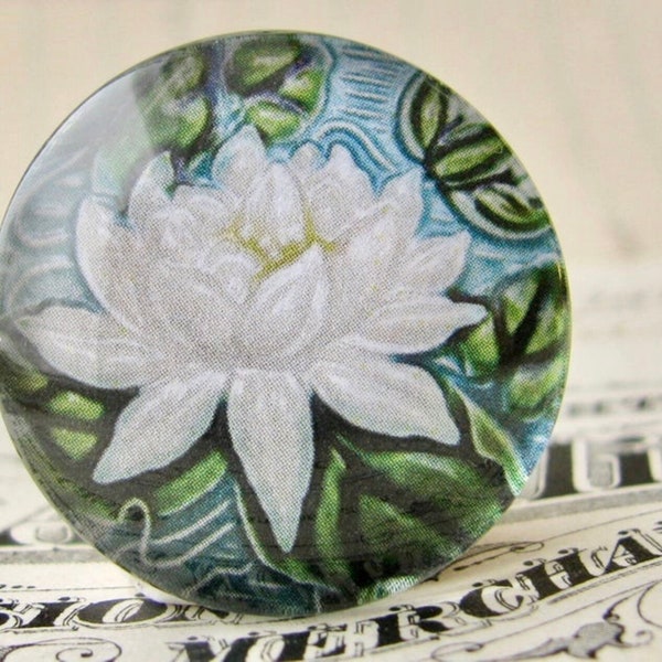 White water lily flower, Art Nouveau ceramic tile image under glass dome, 25mm round cabochon, handmade, bottle cap size, inch circle