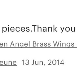 May include: Five star review for Fallen Angel Brass Wings - Archangel with top h. The review reads: Always beautiful pieces. Thank you very much! Kimberly LeJeune 13 Jun, 2014.