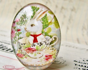 Bunny in a teacup, glass oval cabochon, 40x30mm or 25x18mm, tea party, white rabbit, pink roses, tea time, green spring picnic