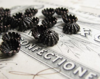 Mini sea urchin bead cap, 7mm domed (8 black beadcaps) dark oxidized brass, ridged hemisphere, aged patina, hobnail, tassel top, small