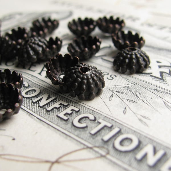 Mini sea urchin bead cap, 7mm domed (8 black beadcaps) dark oxidized brass, ridged hemisphere, aged patina, hobnail, tassel top, small