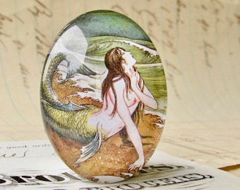 Japanese mermaid vintage illustration, 40x30mm or 25x18mm handmade glass oval cabochon, green brown, magical, Asian art