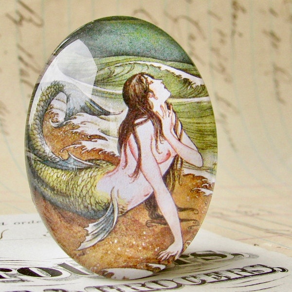 Japanese mermaid vintage illustration, 40x30mm or 25x18mm handmade glass oval cabochon, green brown, magical, Asian art