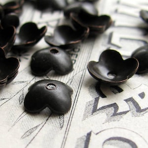 7mm black bead cap, oxidized antiqued brass flower petal beadcaps  (30 bead caps) small, simple bead caps